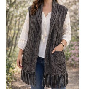 Cabi Chunky Cable Knit Fringe Vest Duster Charcoal Gray Size S Boho Lagenlook